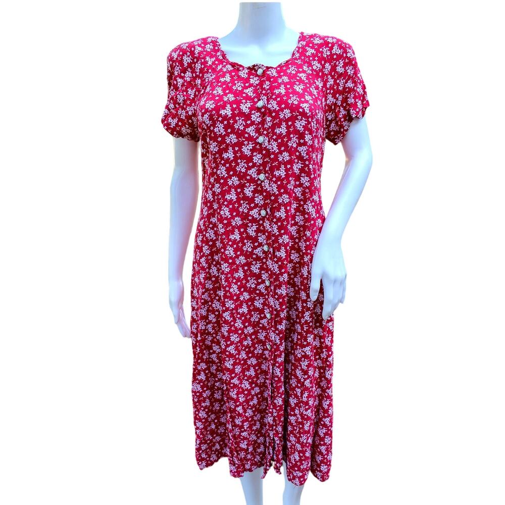 Kathie Lee Vintage 90's Red and White Floral Dress Rose Buttons Size 8‎
